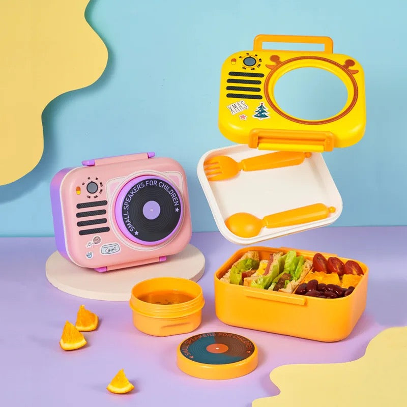 Radio Themed Plastic Lunch Box. Non Toxic , Two compartments with cutlery inside.
