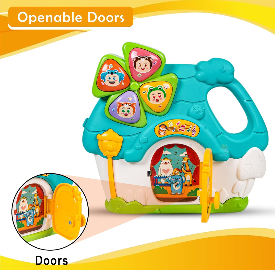 Musical house toy with Handle for Kids, 4 Keys Musical Toy with Lullaby and Sound Effects, Pretend Play Toy with Openable Door and Lights