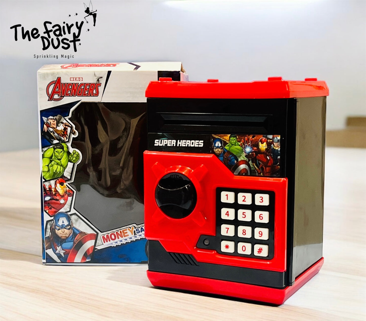 Automatic battery operated piggy bank for children.(Avengers Theme)