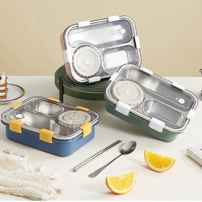 Insulated Stainless Steel Leak proof Lunch Box with cutleries inside (3 compartments)