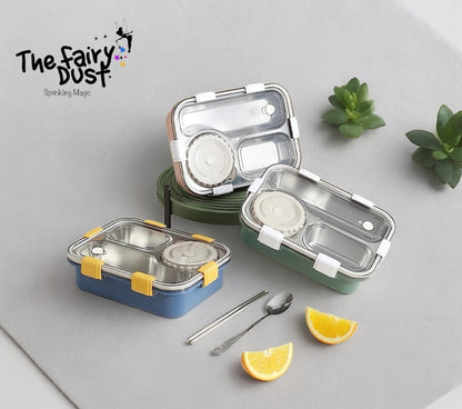Insulated Stainless Steel Leak proof Lunch Box with cutleries inside (3 compartments)