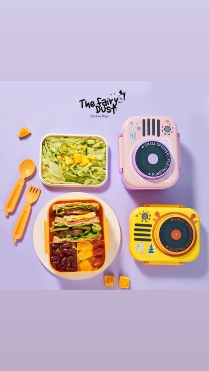 Radio Themed Plastic Lunch Box. Non Toxic , Two compartments with cutlery inside.