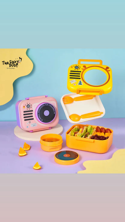 Radio Themed Plastic Lunch Box. Non Toxic , Two compartments with cutlery inside.