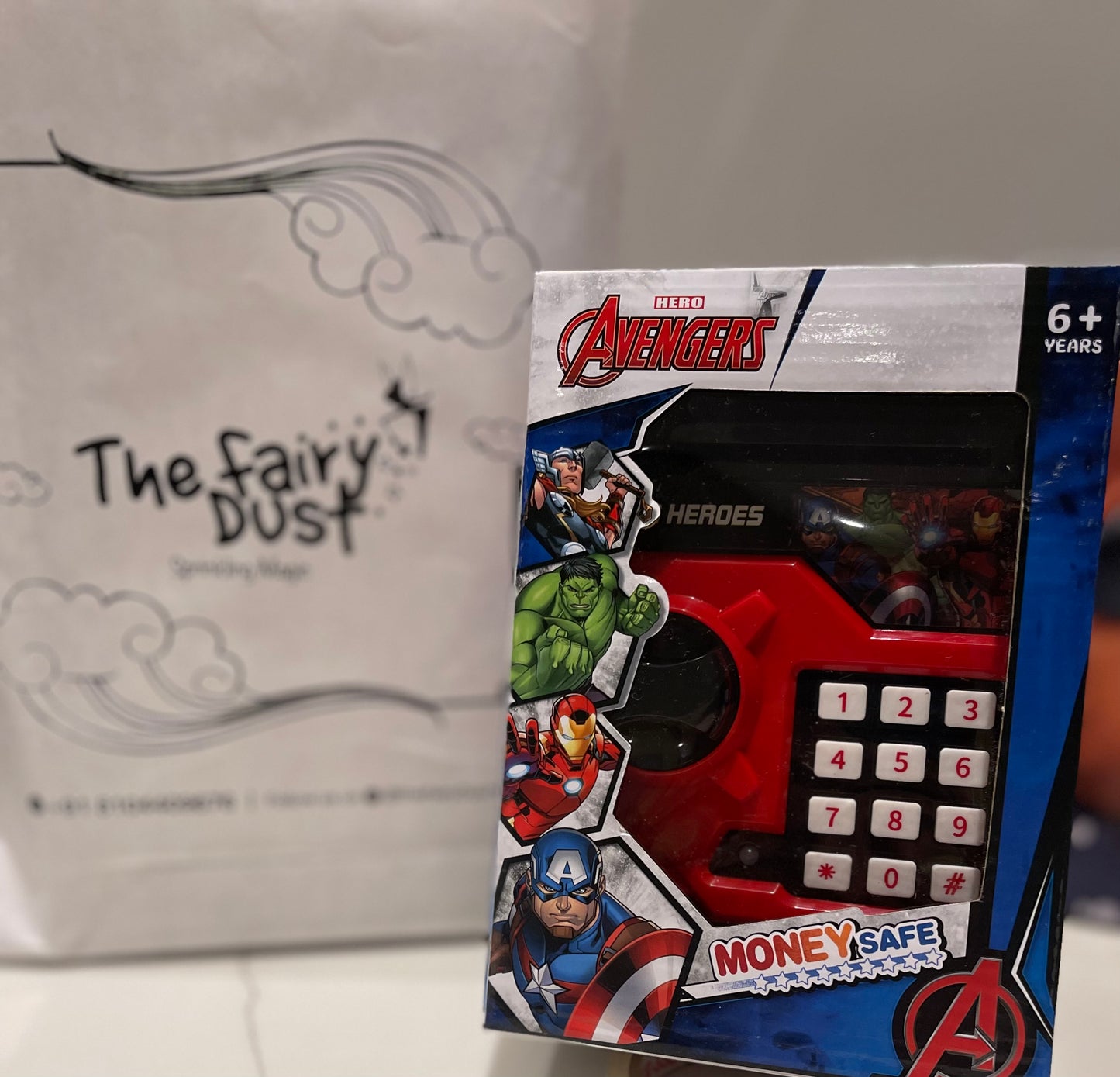Automatic battery operated piggy bank for children.(Avengers Theme)
